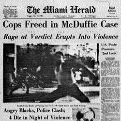 Phot of newspaper headline indicating race riots in Miami